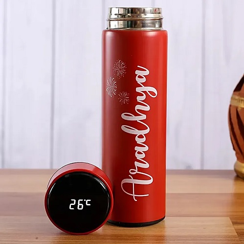 Customized/Personalized Stainless Steel Water Bottle with Smart LED Touch Screen, Keep Cold 500 ml (Matte Red)