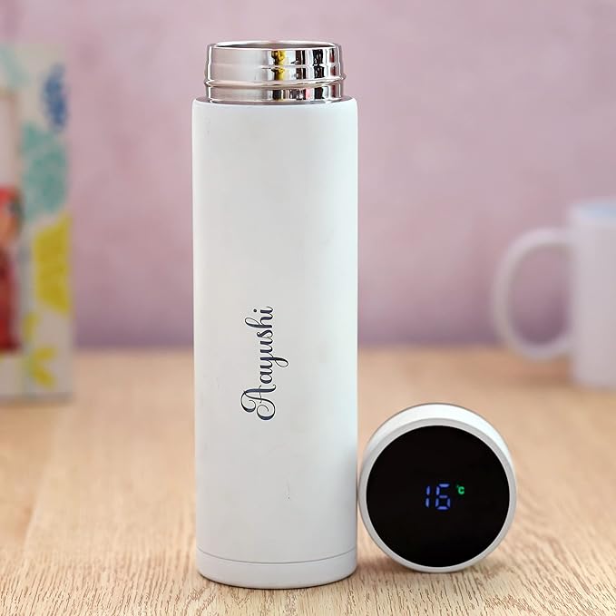 Customized/Personalized Stainless Steel Water Bottle with Smart LED Touch Screen, Keep Cold 500 ml (Matte White)